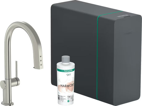 Nerezová dřezová baterie Hansgrohe Aqittura s filtrem a volbou perlivé vody tlačítkem Select