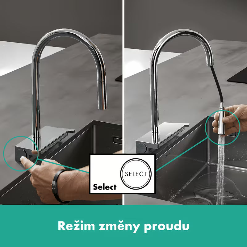 Chromová dřezová baterie Hansgrohe Aquno s vytahovací sprškou a přepínáním proudů Select
