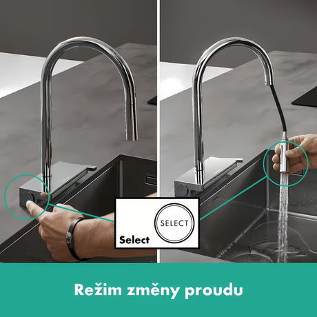 Chromová dřezová baterie Hansgrohe Aquno s vytahovací sprškou a přepínáním proudů Select