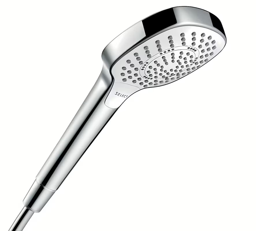 Ruční sprcha Hansgrohe Croma Select E v provedení bílá chrom s tlačítkem Select a průměrem 110 mm