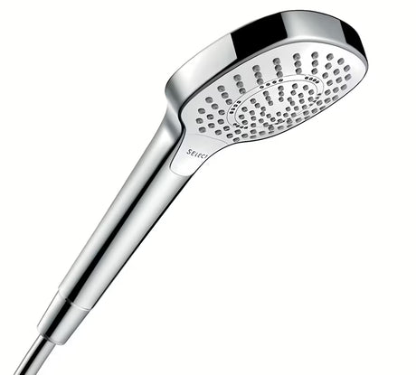 Ruční sprcha Hansgrohe Croma Select E v provedení bílá chrom s tlačítkem Select a průměrem 110 mm