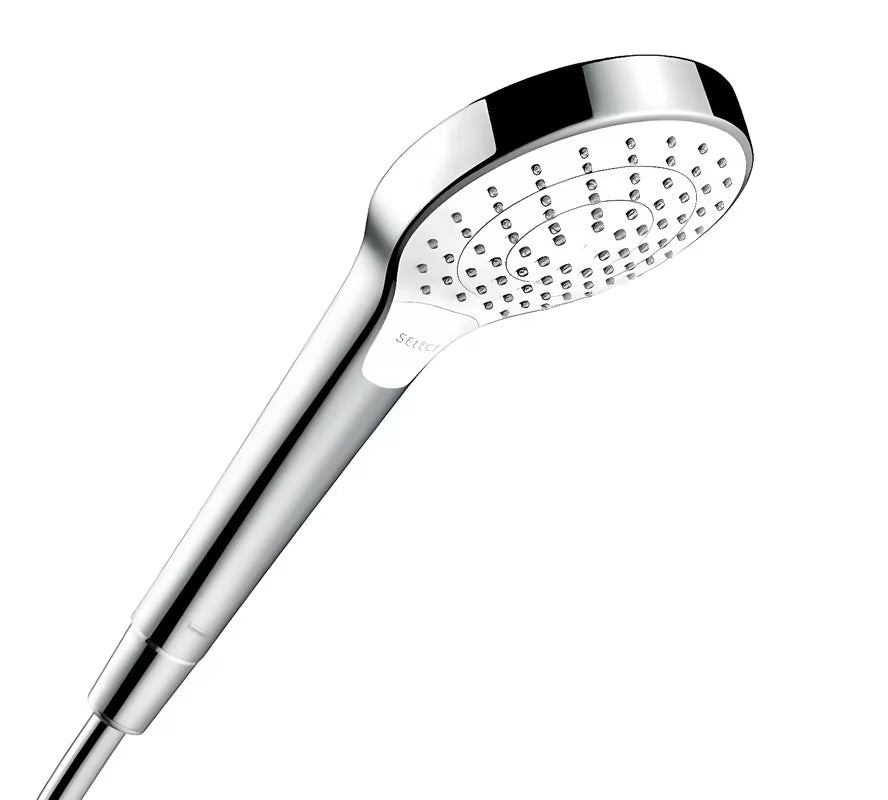 Ruční sprcha Hansgrohe Croma Select S v bílé a chromové barvě s tlačítkem Select a třemi proudy