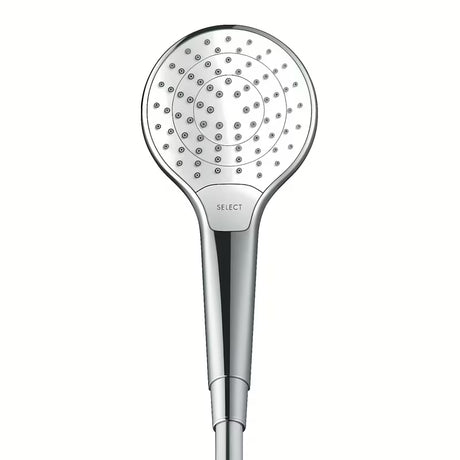 Ruční sprcha Hansgrohe Croma Select S v bílé a chromové barvě s tlačítkem Select a třemi proudy