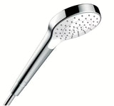Ruční sprcha Hansgrohe Croma Select S v bílé a chromové barvě s proudem Rain a průměrem 110 mm.