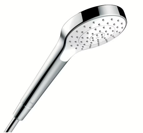 Ruční sprcha Hansgrohe Croma Select S v bílé a chromové barvě s proudem Rain a průměrem 110 mm.