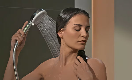 Ruční sprcha Hansgrohe Croma Select S v bílé a chromové barvě s proudem Rain a průměrem 110 mm.
