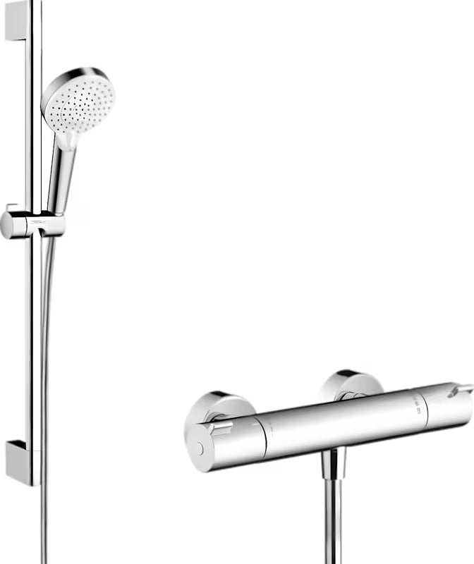 Hansgrohe Crometta sprchový systém s termostatem v provedení bílá a chrom s ruční sprchou a sprchovou tyčí