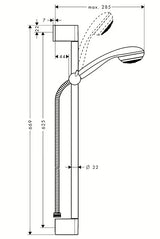 Hansgrohe Crometta 85 sprchový set v chromovém provedení s ruční sprchou, tyčí, hadicí a jezdcem.