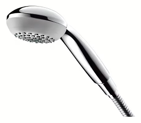 Ruční sprcha Hansgrohe Crometta 85 Mono v chromu s kulatou hlavicí a světle šedým diskem trysek.