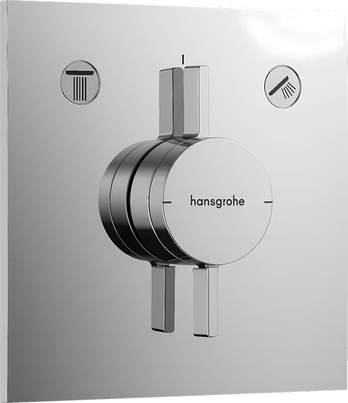 Podomítková sprchová baterie Hansgrohe DuoTurn E v chromovém provedení pro ovládání dvou spotřebičů.