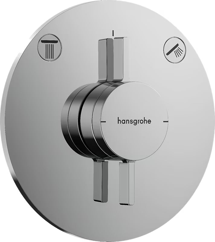 Podomítková sprchová baterie hansgrohe DuoTurn S v chromovém provedení pro ovládání dvou spotřebičů.