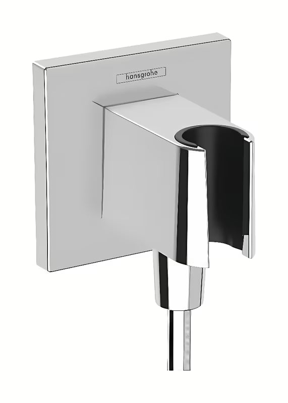 Hansgrohe FixFit E podomítkový vývod vody s držákem ruční sprchy v chromu a hranatém designu.