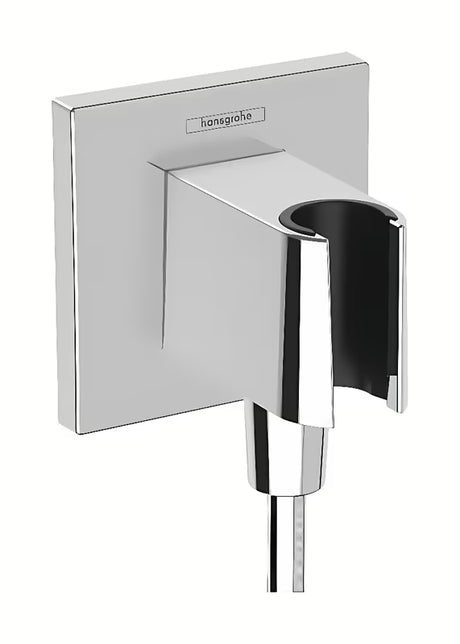 Hansgrohe FixFit E podomítkový vývod vody s držákem ruční sprchy v chromu a hranatém designu.