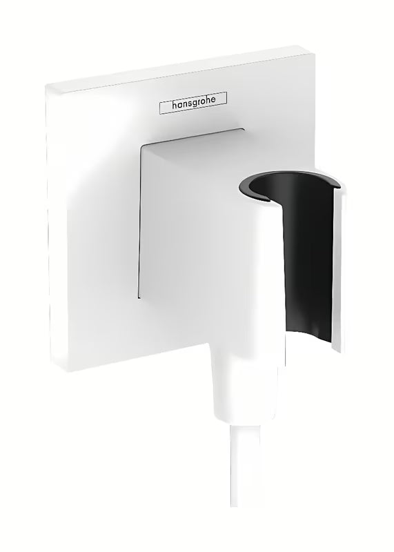 Hansgrohe FixFit E podomítkový vývod v matně bílé s držákem ruční sprchy a hranatou přírubou.