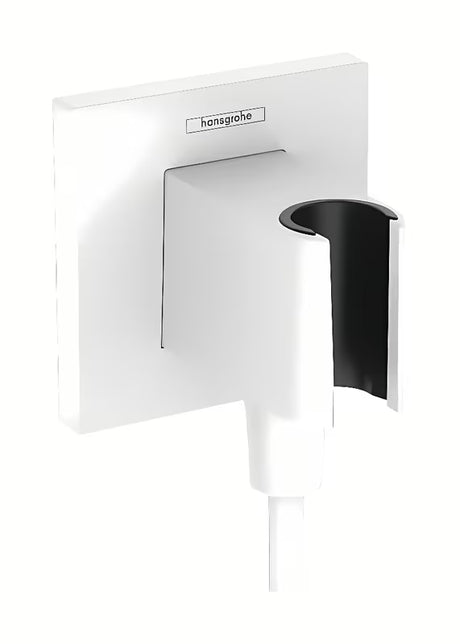 Hansgrohe FixFit E podomítkový vývod v matně bílé s držákem ruční sprchy a hranatou přírubou.
