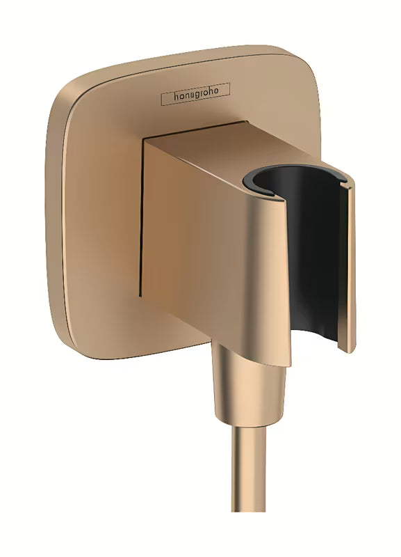Podomítkový nástěnný vývod hansgrohe FixFit Q s držákem sprchy v povrchu kartáčovaný bronz.