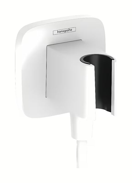 Matně bílý podomítkový vývod hansgrohe FixFit Q s držákem sprchové hlavice a zpětným ventilem.