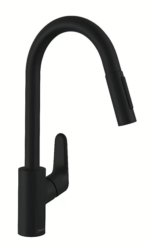 Matně černá dřezová baterie Hansgrohe Focus M41 s vysokým výtokem a vytahovací sprškou.