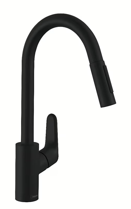 Matně černá dřezová baterie Hansgrohe Focus M41 s vysokým výtokem a vytahovací sprškou.