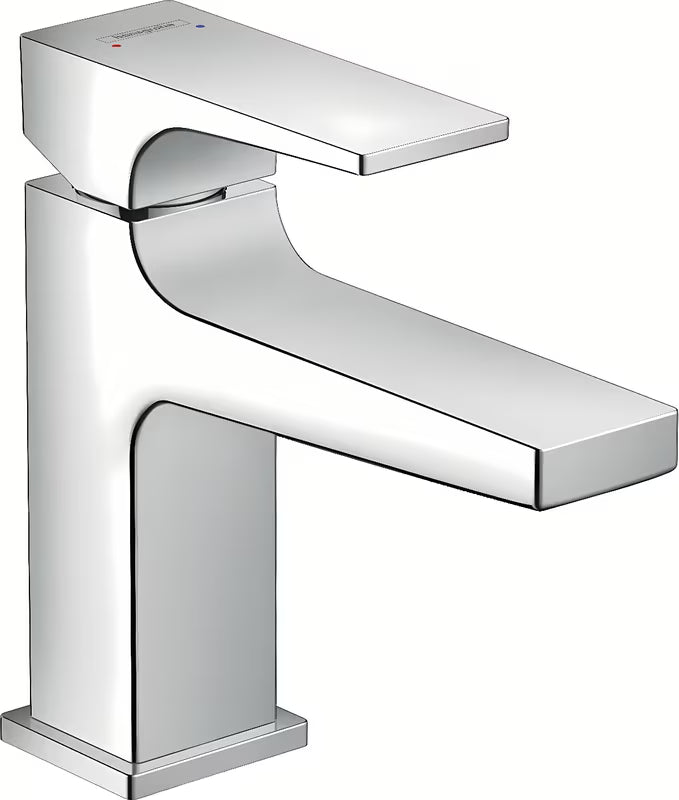 Chromová páková umyvadlová baterie Hansgrohe Metropol s odtokem push-open a hranatým designem.