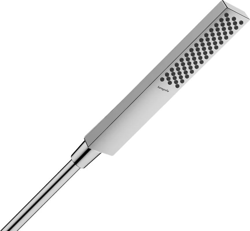 Chromová ruční sprcha hansgrohe Pulsify E 100 s proudem PowderRain v minimalistickém tyčovém designu.