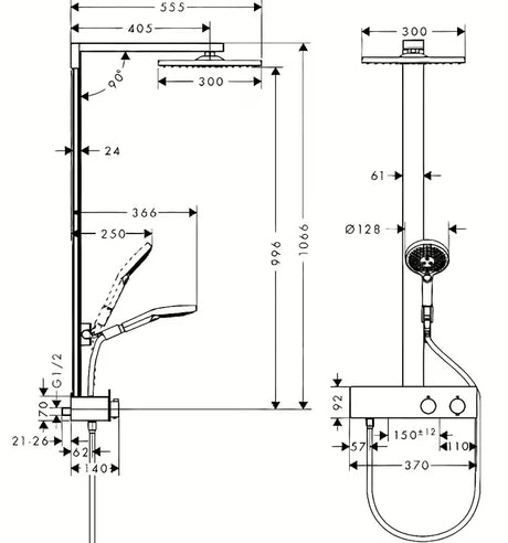 Hansgrohe Raindance E sprchový systém s termostatem v chromu s horní sprchou 300 × 300 mm a ruční sprchou