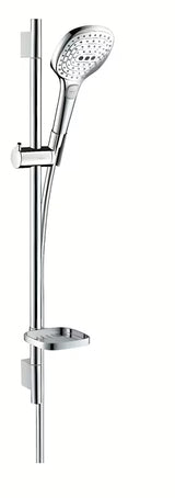 Hansgrohe Raindance Select E sprchový set v chromovém provedení s ruční sprchou, tyčí, hadicí a mýdlenkou.