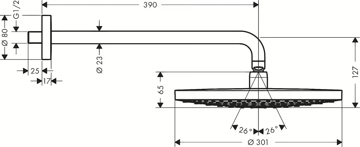 Hlavová sprcha hansgrohe Raindance Select S 300 2jet se sprchovým ramenem v chromu pro montáž na stěnu.