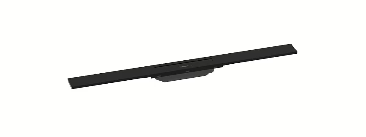 Sprchový žlab hansgrohe RainDrain Flex 80 cm v matné černé barvě s designovým krytem.