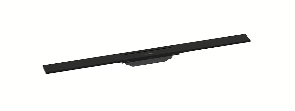 Sprchový žlab hansgrohe RainDrain Flex 90 cm v matné černé s designovým krytem.