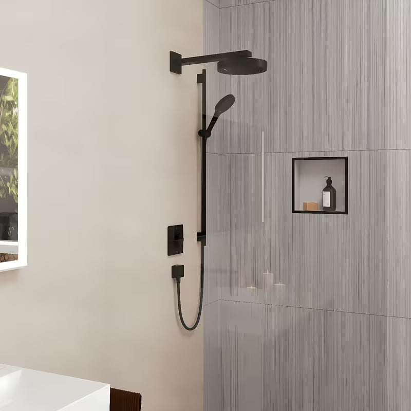 Hansgrohe Rainfinity sprchový set EcoSmart v matné černé barvě s ruční sprchou, tyčí a textilní hadicí