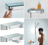 Hansgrohe ShowerTablet Select 300 termostatická vanová baterie v provedení bílá a chrom se skleněnou poličkou