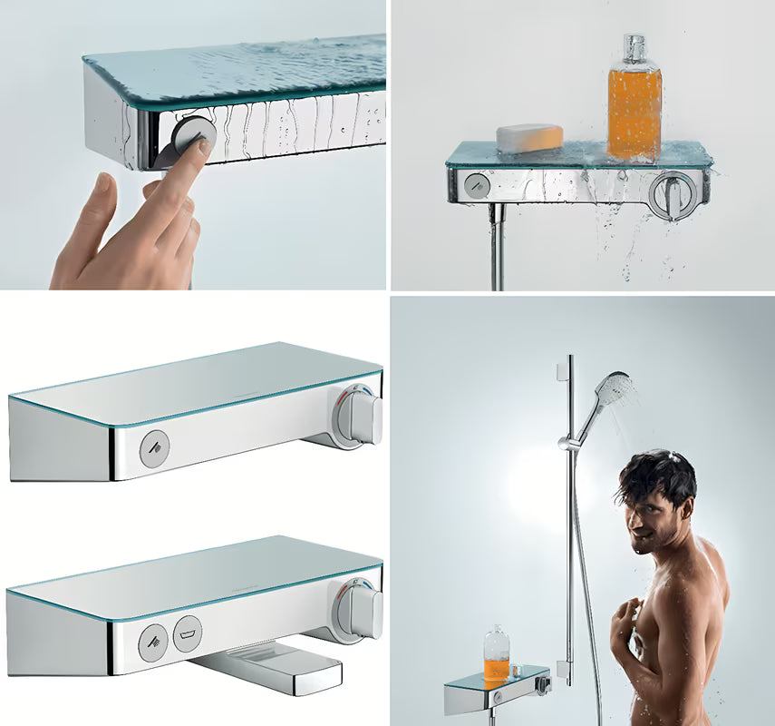 Hansgrohe ShowerTablet Select 300 termostatická vanová baterie v provedení bílá a chrom se skleněnou poličkou