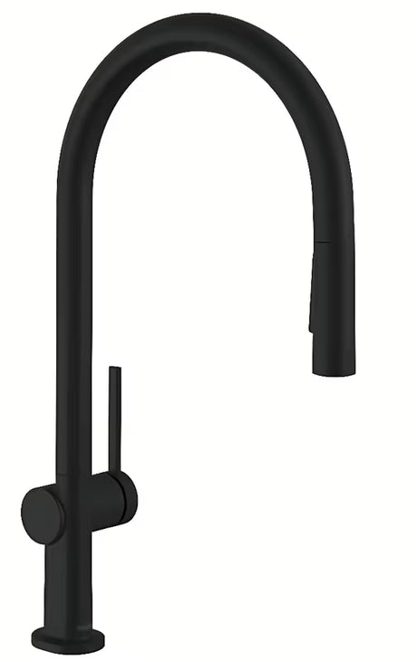 Černo-matná kuchyňská dřezová baterie Hansgrohe Talis s vysokým obloukovým výtokem a vytahovací sprškou