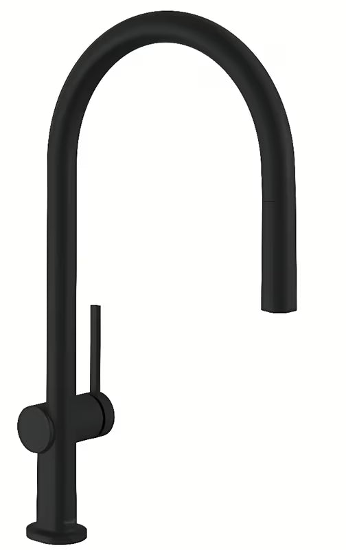 Matně černá dřezová baterie hansgrohe Talis s vysokým obloukovým výtokem a vytahovací sprškou.