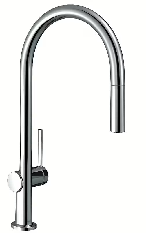 Chromová dřezová baterie Hansgrohe Talis s vysokým obloukovým výtokem a vytahovací sprškou