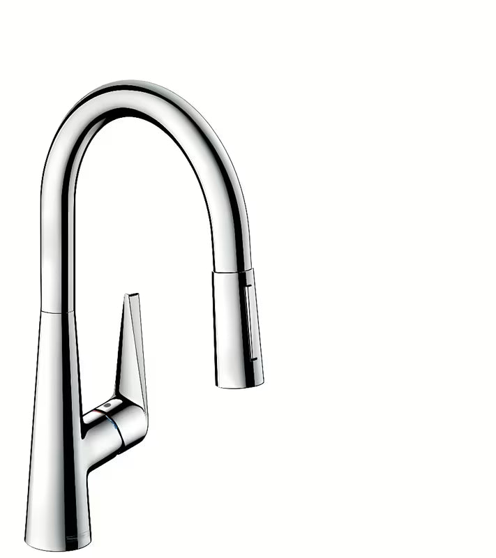 Chromová dřezová baterie Hansgrohe Talis s vytahovací sprškou a přepínáním mezi laminárním a sprchovým proudem.