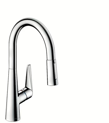 Chromová dřezová baterie Hansgrohe Talis s vytahovací sprškou a přepínáním mezi laminárním a sprchovým proudem.