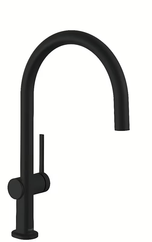 Matně černá dřezová baterie Hansgrohe Talis s pákovým ovládáním a otočným ramínkem v kulatém designu.