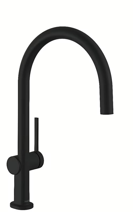 Matně černá dřezová baterie Hansgrohe Talis s pákovým ovládáním a otočným ramínkem v kulatém designu.