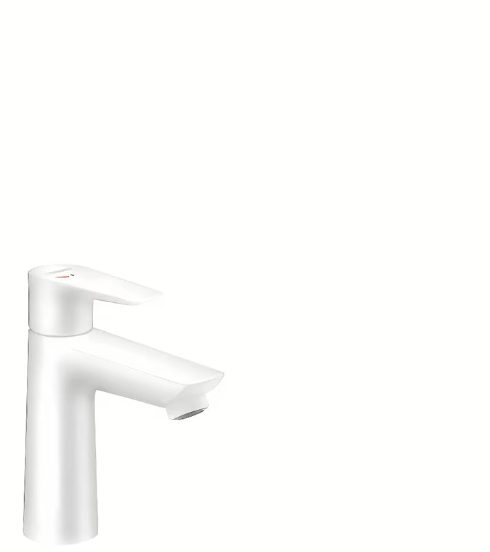 Praustuvo maišytuvas Hansgrohe Talis E matinės baltos spalvos, svirtinis stovintis be praustuvo dugno vožtuvas.