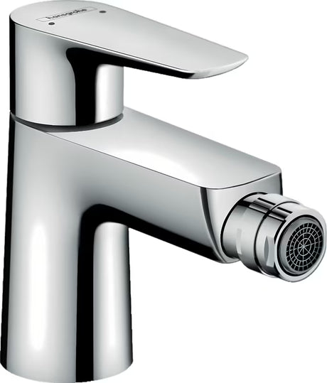 Chromová páková bidetová baterie Hansgrohe Talis E s odtokovou soupravou a pohyblivým perlátorem.
