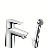 Kromirana jednoručna baterija miješalica za umivaonik Hansgrohe Talis E s bide tušem i odvodom Push-Open.