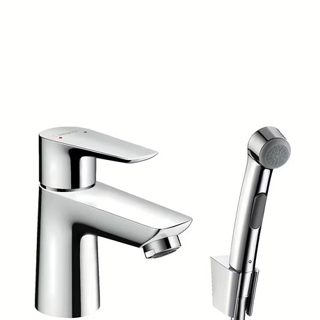 Chromová páková umyvadlová baterie Hansgrohe Talis E s bidetovou sprškou a odtokem Push-Open.