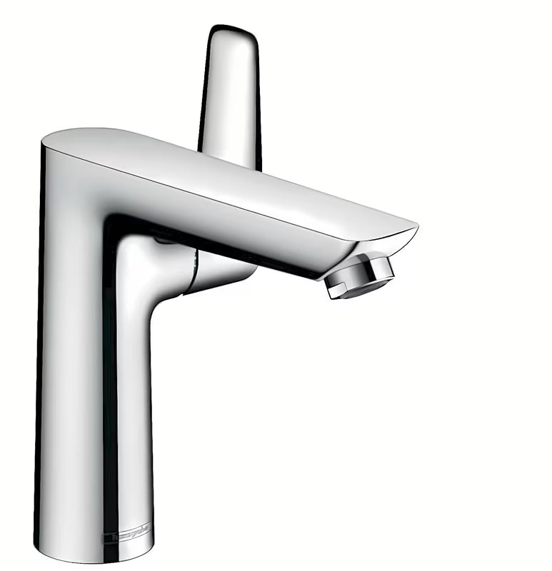 Chromowana jednouchwytowa bateria umywalkowa Hansgrohe Talis E 150 bez odpływu z technologią EcoSmart i AirPower.