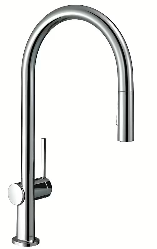Chromová dřezová baterie Hansgrohe Talis M54 s vysokým obloukovým výtokem a vytahovací sprškou.