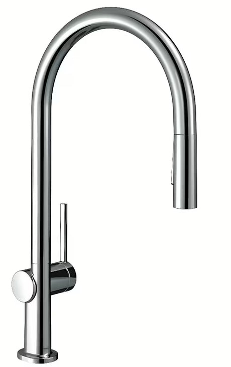 Chromová dřezová baterie Hansgrohe Talis M54 s vysokým obloukovým výtokem a vytahovací sprškou.