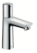 Chromová umyvadlová baterie Hansgrohe Talis Select E s tlačítkem Select a moderním hranatým designem.