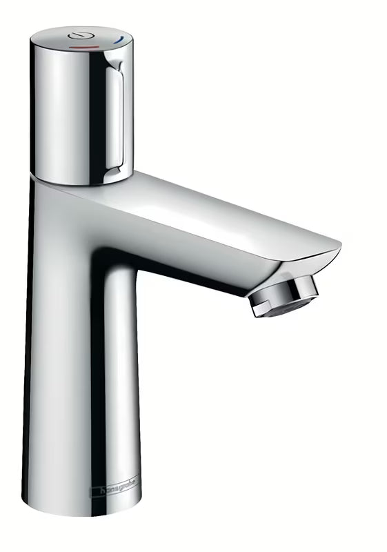 Chromová umyvadlová baterie Hansgrohe Talis Select E s tlačítkem Select a moderním hranatým designem.