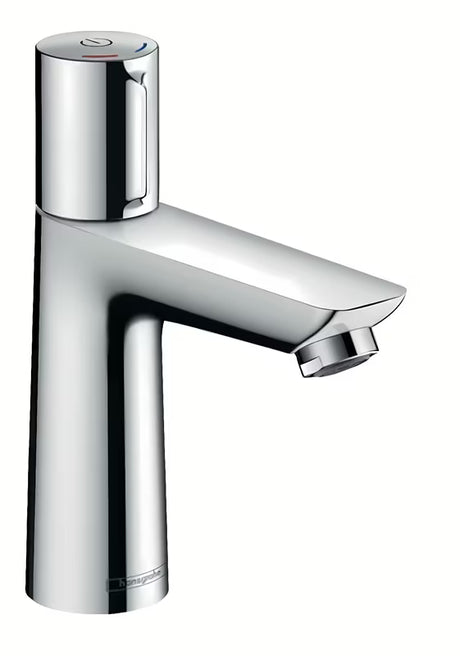 Chromová umyvadlová baterie Hansgrohe Talis Select E s tlačítkem Select a moderním hranatým designem.